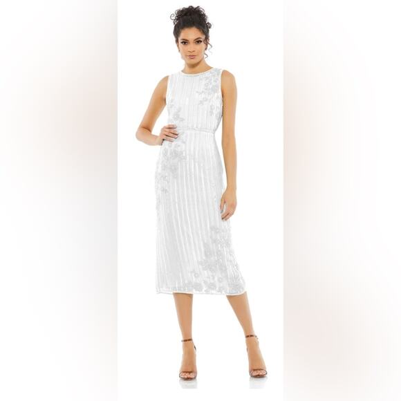 NWT Mac Duggal Striped Floral Embellished Sleeveless Midi Dress 2 White 70260 - Picture 2 of 10